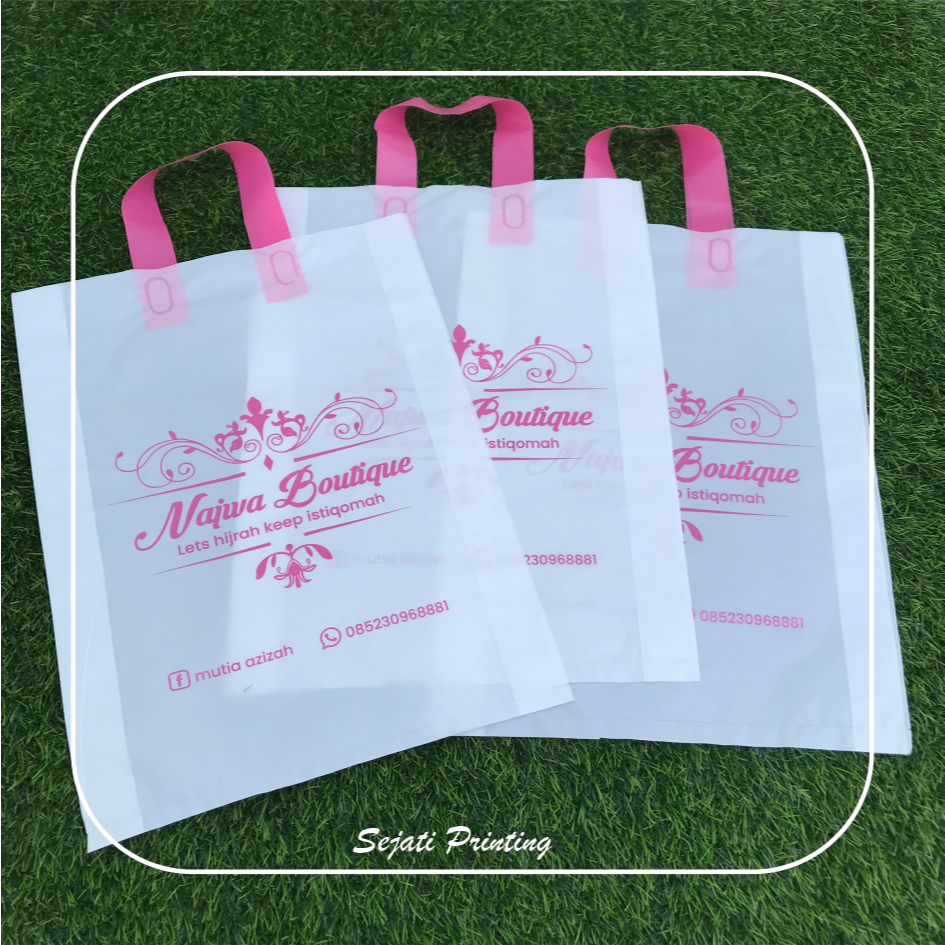 

(isi 100pcs) Sablon Plastik Murah Soft Handle Bags 30, 35 , FREE DESAIN - SEJATIPRINTING