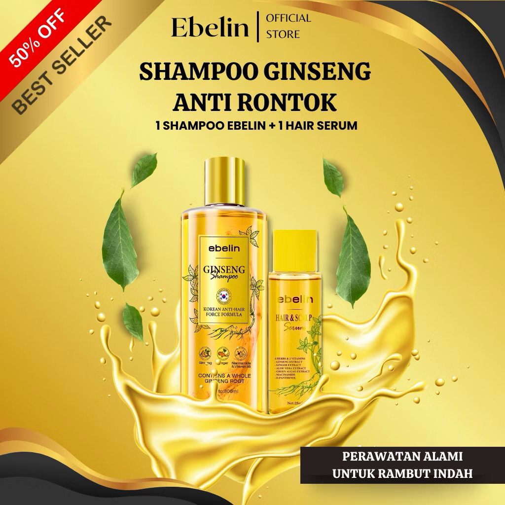 Paket Hemat Shampo & serum EBELIN Shampo Ginseng Real Anti Hair Fall Shampo Rambut Rontok 300 ml Sha