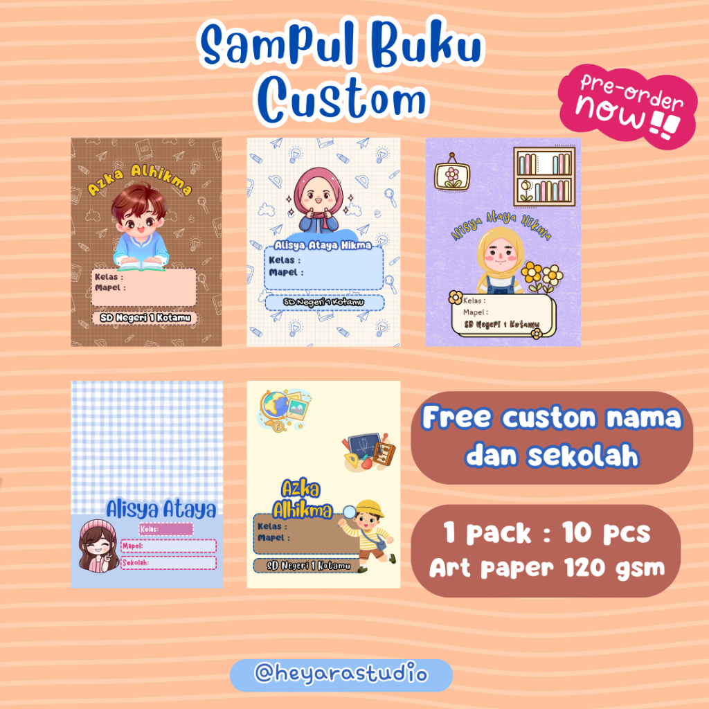 

Sampul Buku Tulis Custom Nama 10 pcs-lembar / Cover Buku / Sampul Buku Standart