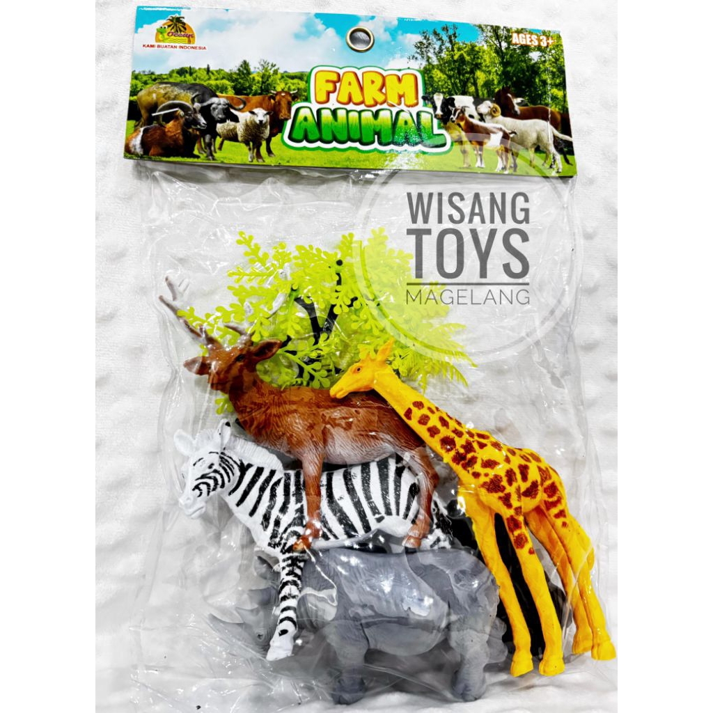 mainan hewan karet rusa badak jerapah zebra satu set isi 4pcs disertai pohon
