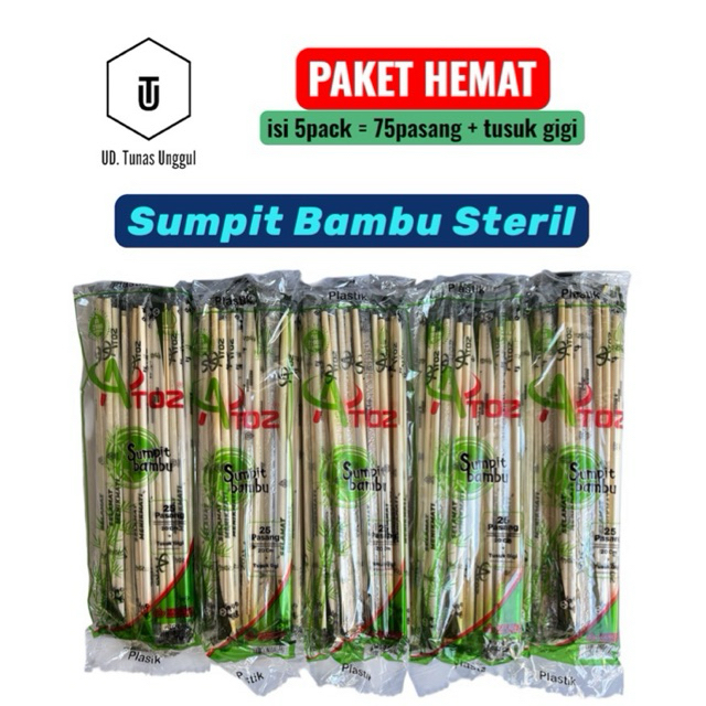 5pack SUMPIT BAMBU STERIL “ATOZ” isi 25pasang+tusuk gigi- sumpit bambu higienis-sumpit kayu-sumpit b