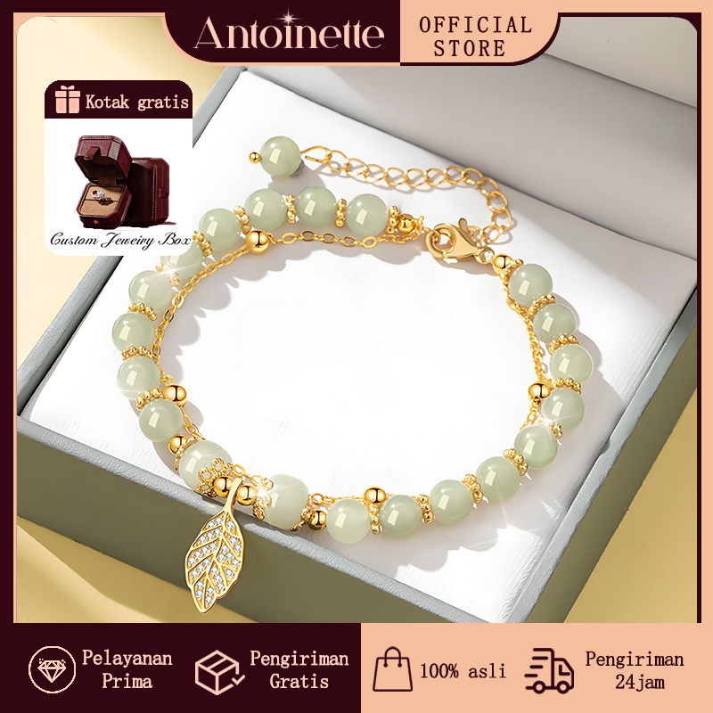 【Kotak Gratis】Antoinette Jewelry Gelang Wanita Silver 925 Gelang Wanita Giok  - Desain Daun Mewah, H