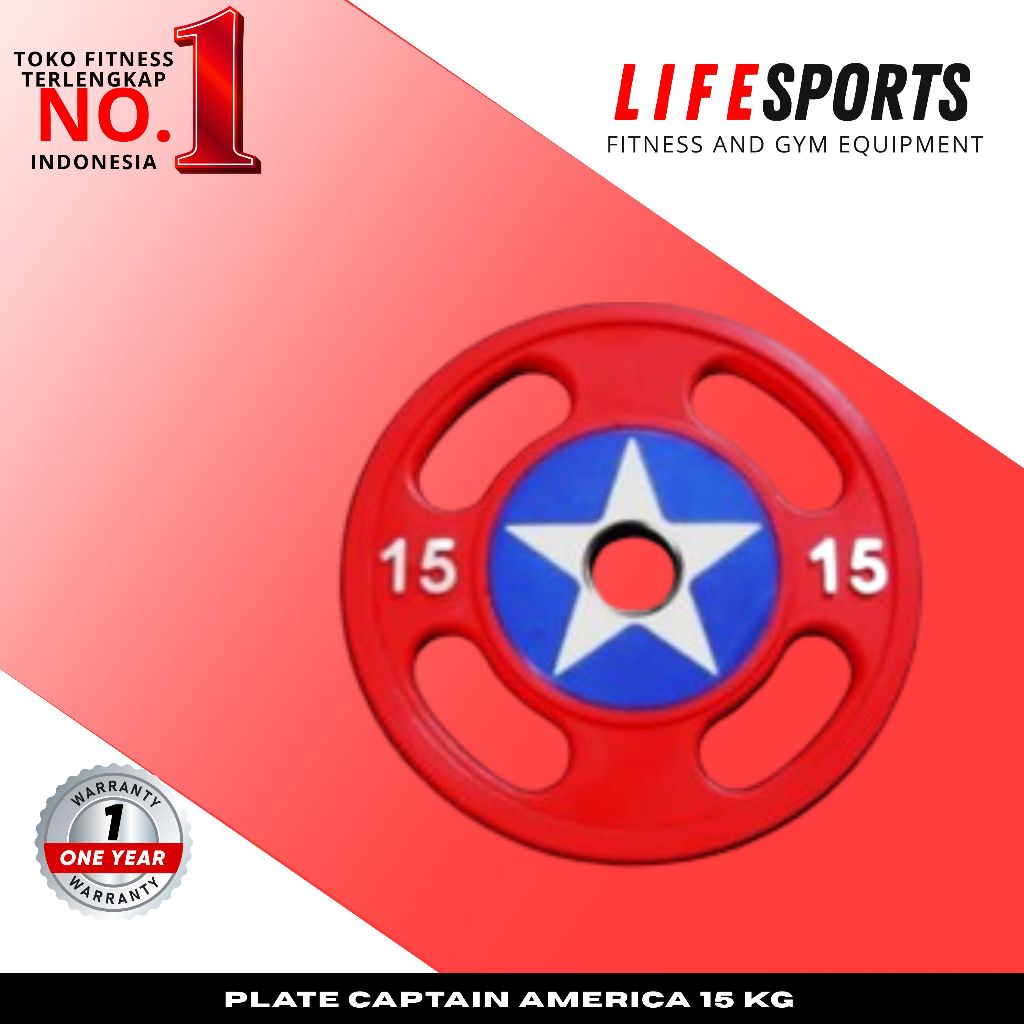 LIFESPORTS - Alat Olahraga Fitness Gym Captain America Weight Rubber Plate Olympic Bumper 15 Kg