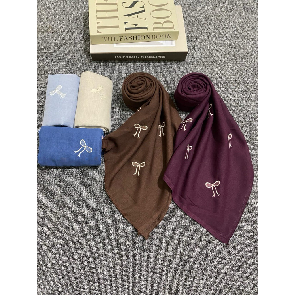 Hijab segiempat Paris bordir pita kecil Coquette terbaru// jilbab Paris judul bordir