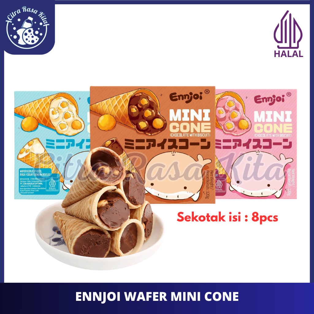 

Ennjoi Wafer Mini Cone With Chocolate, Strawberry & Yoghurt Flavour - Halal 120g