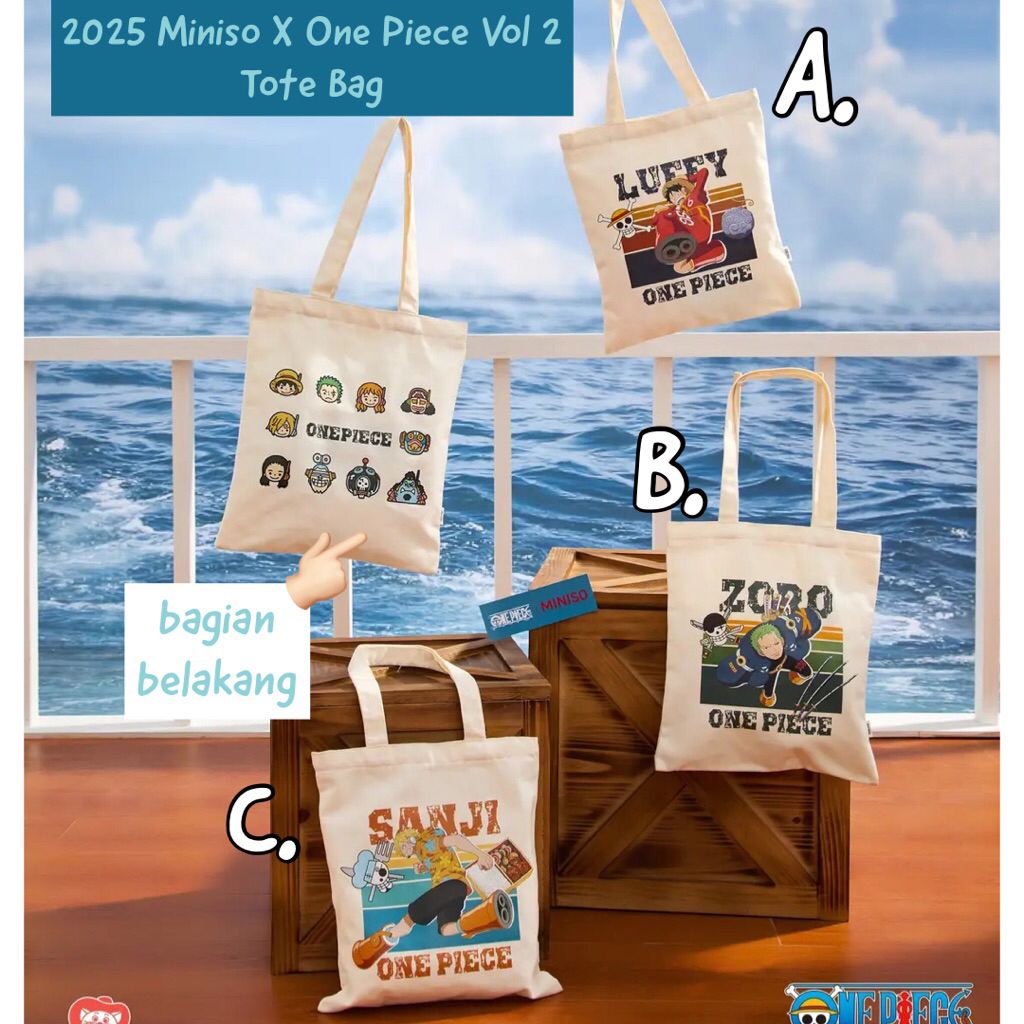 MINISO X ONE PIECE TOTE BAG LUFFY ZORO SANJI CANVAS ECO BAG ONEPIECE MINISO 2025 VOL 2 ONE PIECE TAS