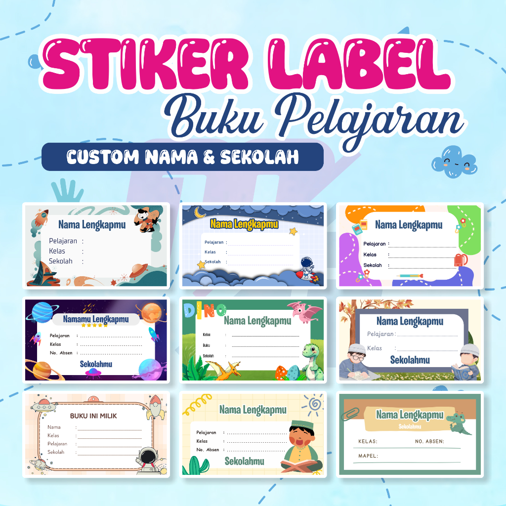 

(40+ PCS) Stiker Label Buku Pelajaran Sekolah Custom Nama dan Sekolah Motif Lucu FREE DESAIN