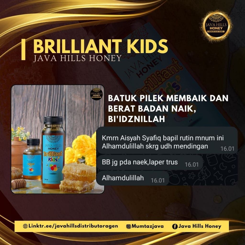 

MADU BRILINKIDS 320gr java hills honey mumtaz java herb | Imunitas anak | Nafsu makan anak | perkembangan anak | fungsi otak | Cerdas | daya ingat |