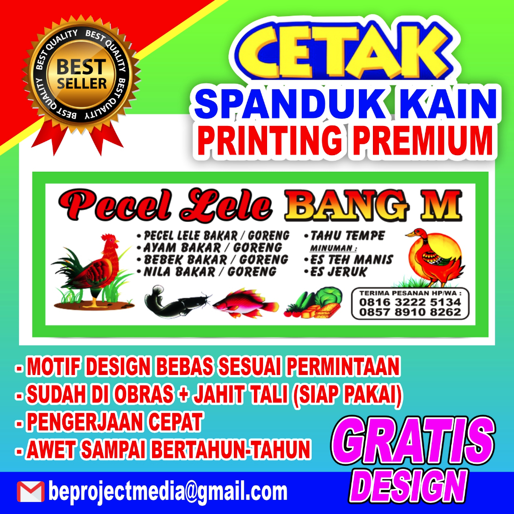 Cetak Spanduk Kain Pecel Lele/Spanduk Nasi Goreng/Sari Laut/Soto Lamongan/Bubur Ayam Dlll