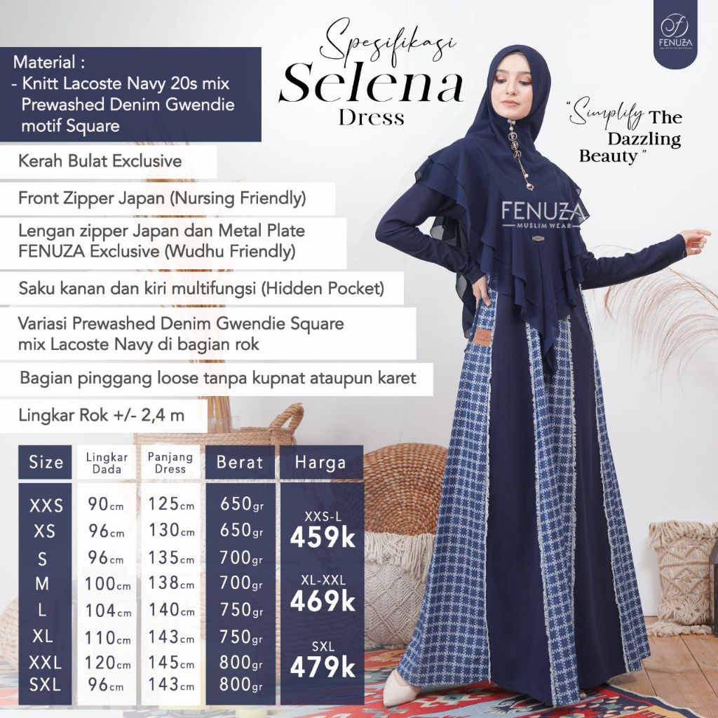[Agen Resmi] Selena Dress by Fenuza Gamis Only Busui Friendly Bahan Kaos Polos Mix Denim Motif