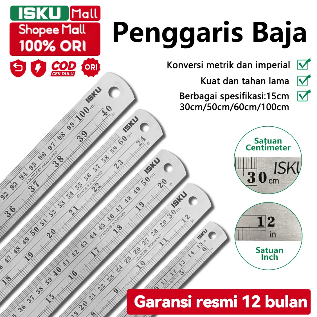 

ISKU Penggaris baja tahan karat Penggaris baja tahan karat 15/30/50/60/100cm Penggaris multifungsi