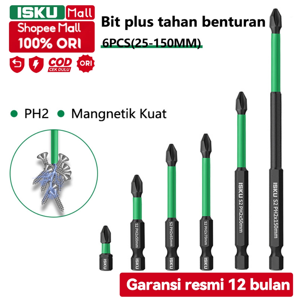 ISKU Set Mata Obeng 6 Buah/Mata Obeng Magnetik Kuat/Mata Obeng Pneumatik Kekerasan Tinggi yang Dapat