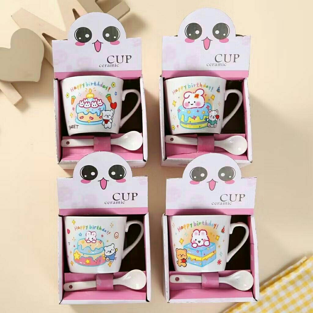 (Pack dus/box)GELAS PANDA KERAMIK SET SENDOK/CANGKIR KARAKTER EMOJI UNIK & LUCU -GELAS MURAH - GELAS