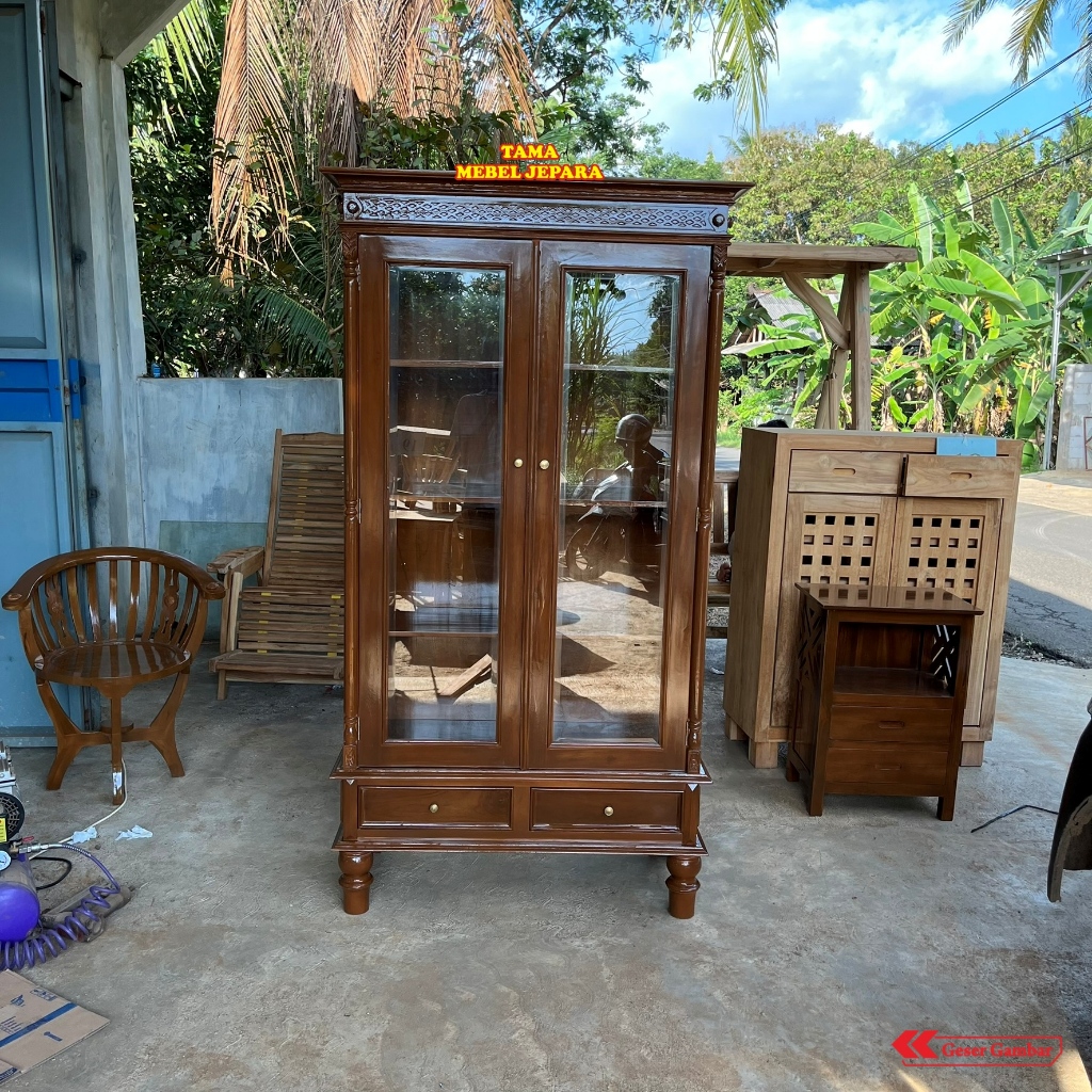 DISPLAY CABINET MINIMALIS | Lemari Pajangan Kayu Jati 2 Pintu Kaca + 2 Laci Lelari Hias Jepara Asli 