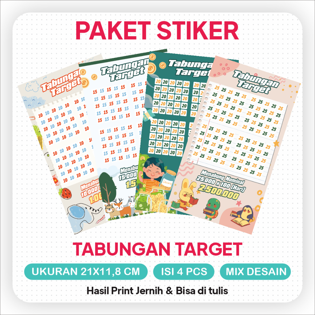 

PAKET STIKER TABUNGAN TARGET ISI 4 BISA DIMIX (MIN CO 4PCS)