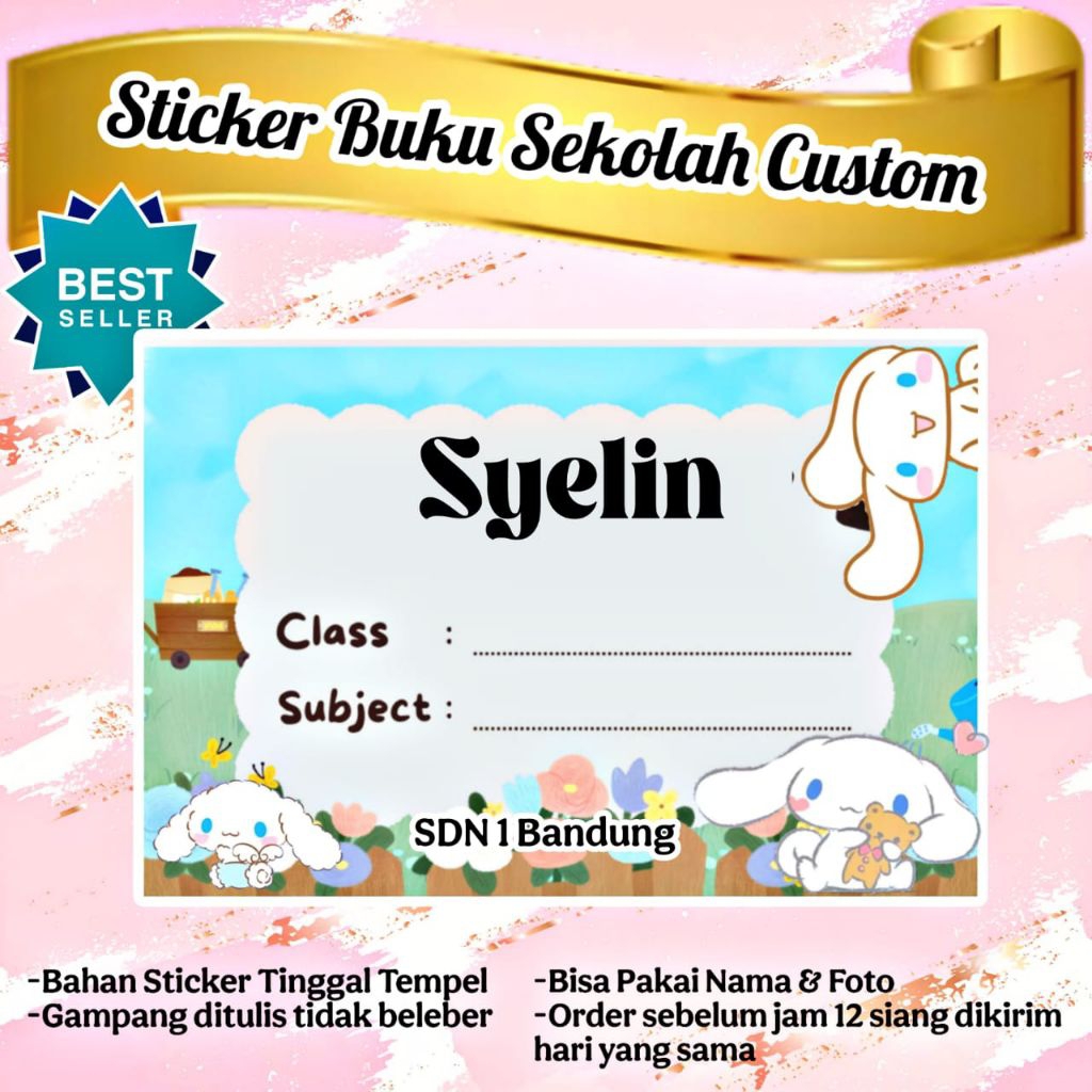 

(ISI 50 PCS) SUDAH ADA LEM STICKER LABEL BUKU SEKOLAH CUSTOM NAMA & FOTO MOTIF CINAMOROLL