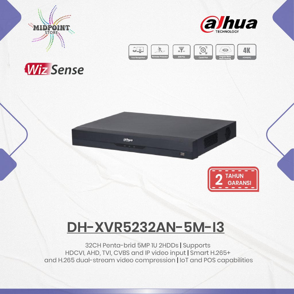Dahua DH-XVR5232AN-5M-I3 DVR 32 Channel 5MP 2 HDD 3K AI Coding WizSense Series