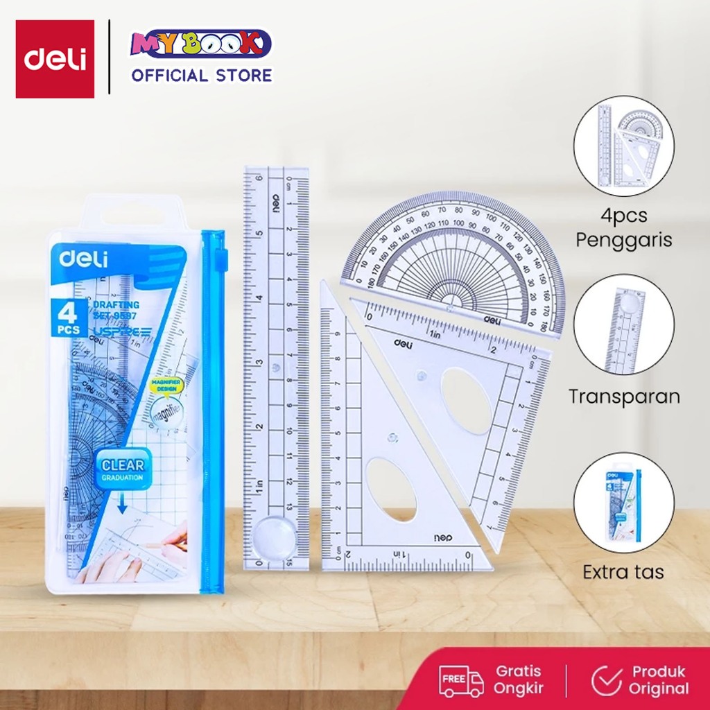 

Deli Set Penggaris 4 pcs - Persegi Busur Derajat | PS tembus berkualitas, tahan lama E9597