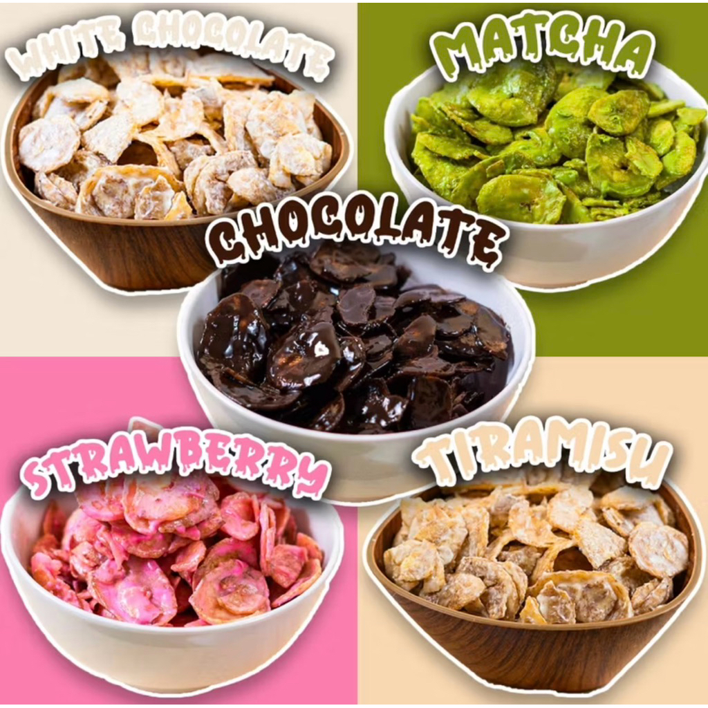 

KERIPIK PISANG LUMER COKLAT, MATCHA, STAWBERRY, TIRAMISU, WHITE CHOCOLATE 500ml / 150gr