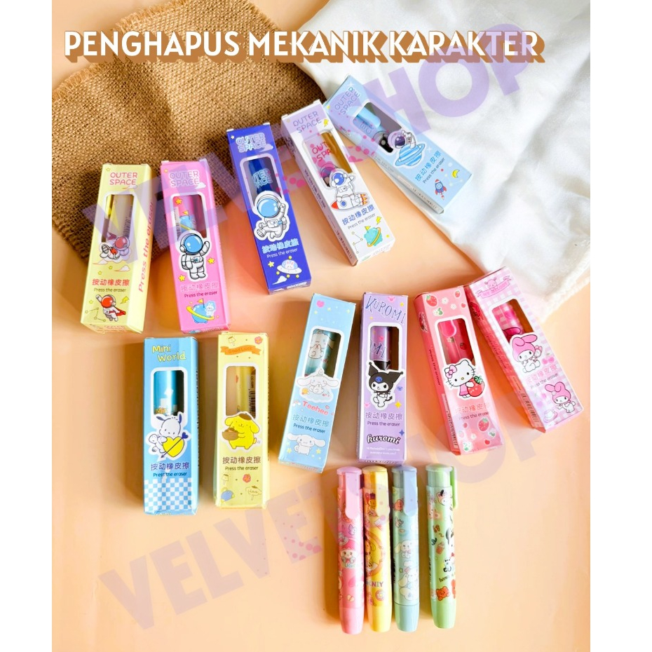 

Penghapus mekanik karakter kartun astronot kuromi pocha chinamon melody capybara hellokitty Pompurin