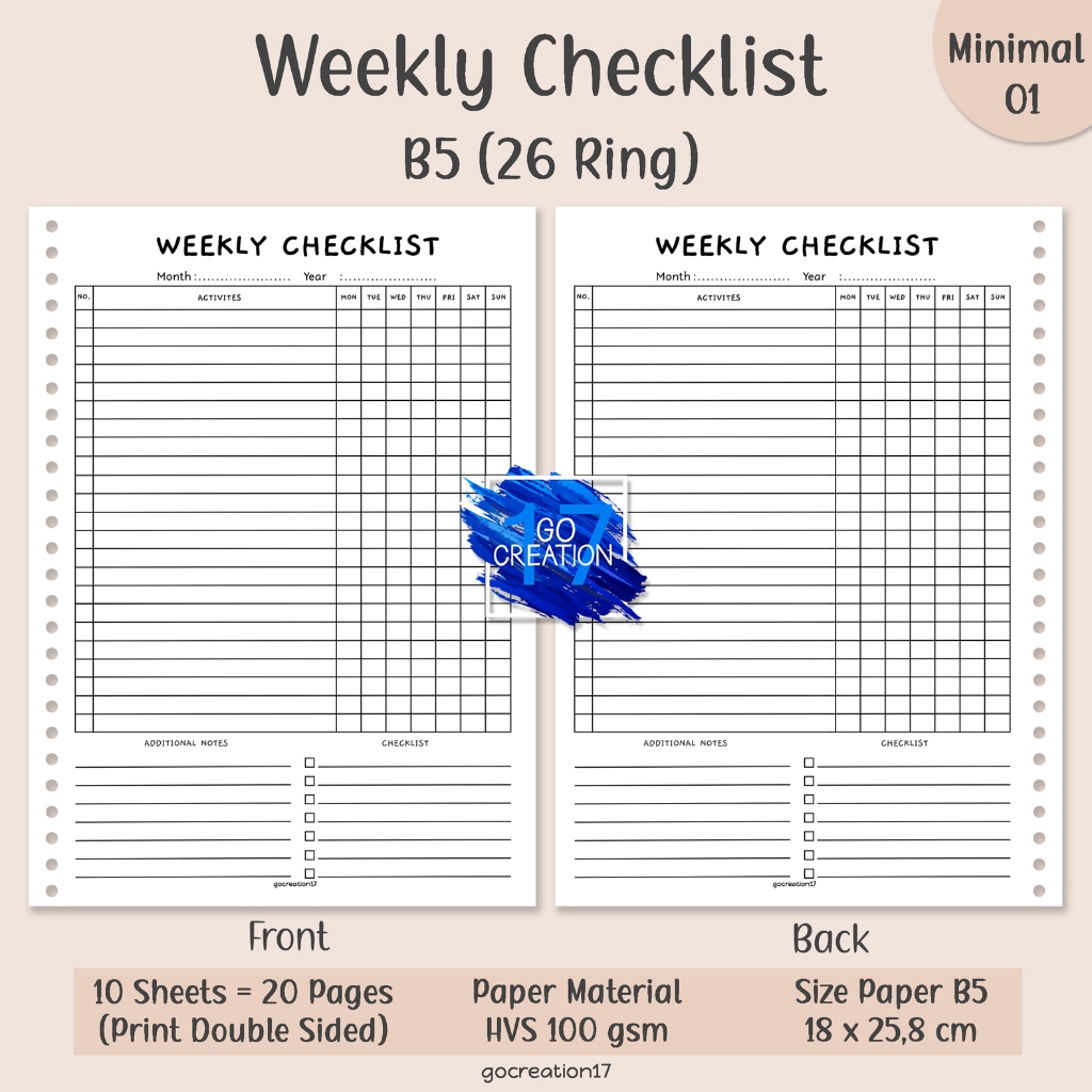 

Kertas Isi Binder Planner Weekly Checklist Simple Minimalis B5