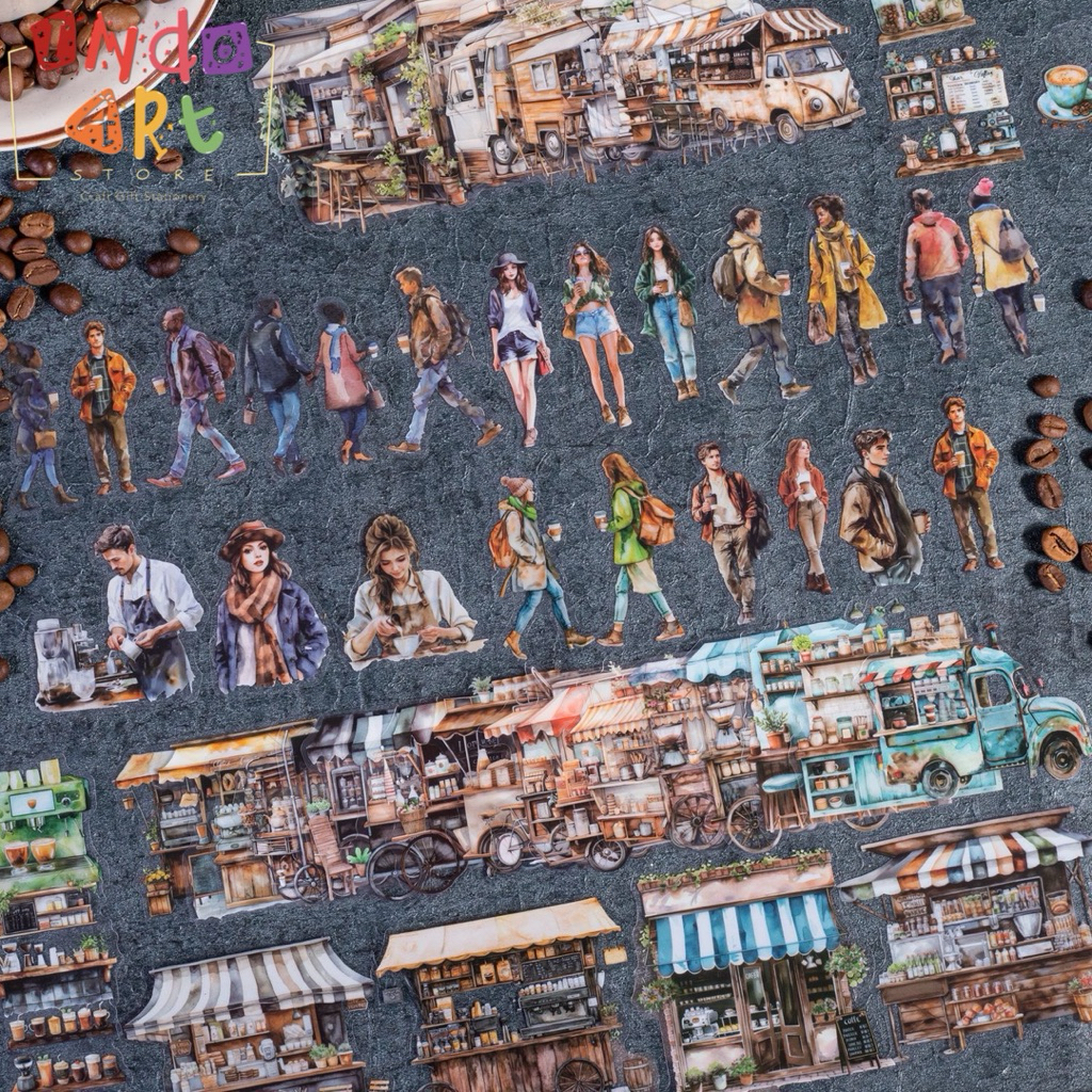 

(IAS) Sticker Deco Journal Scrapbook Girl Fashion Barista Market Shop Coffee Time City Town Hall Restaurant
