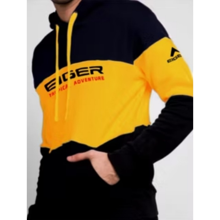 Sweater Hoodie Casual Outdoor Bahan Flecee Warna Hitam Kombinasi Kuning Ready Size S/M/L/XL/XXL