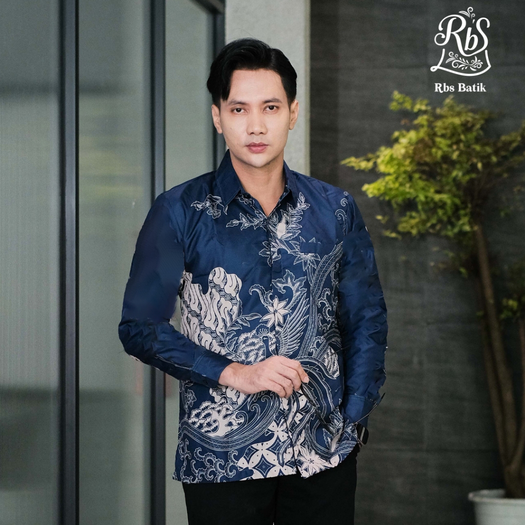 Cuci Gudang Rbs Batik - Kemeja Batik Pria Slimfit Lapis Furing Warna Biru Kombinasi Cream Gumantama