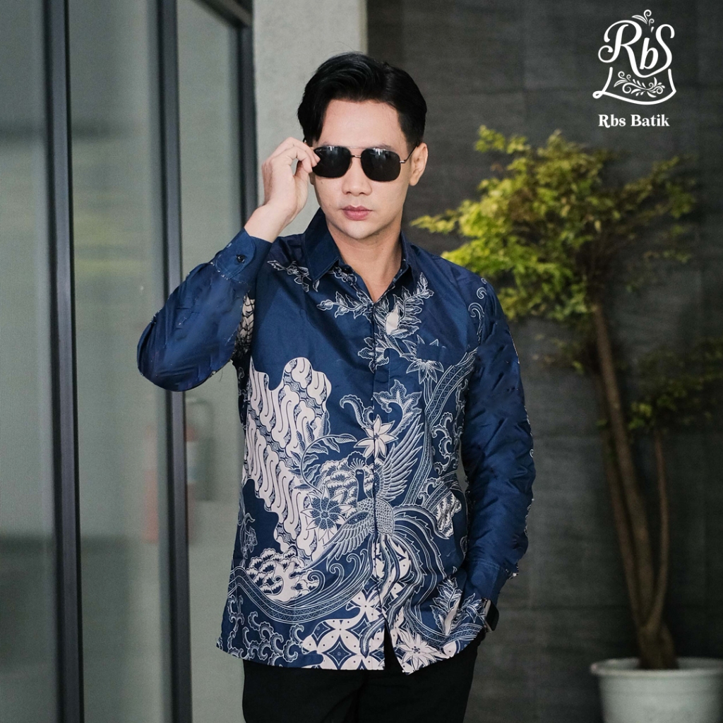 Exclusive Hot Rbs Batik - Kemeja Batik Pria Slimfit Lapis Furing Warna Biru Kombinasi Cream