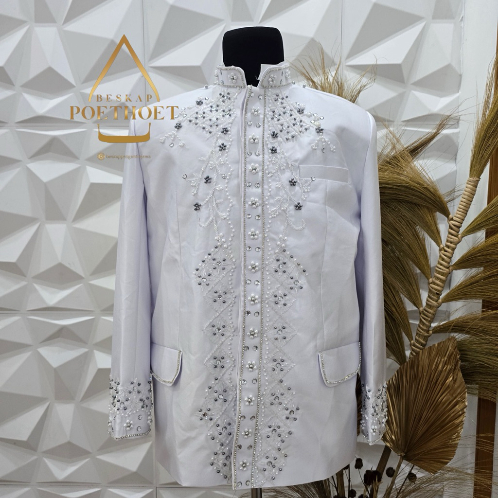 Jas Basofi pengantin Sunda muslim akad nikah pesta putih payet premium bahan woll