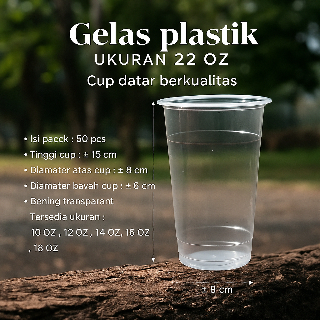 Gelas plastik ukuran 22 OZ cup datar berkualitas