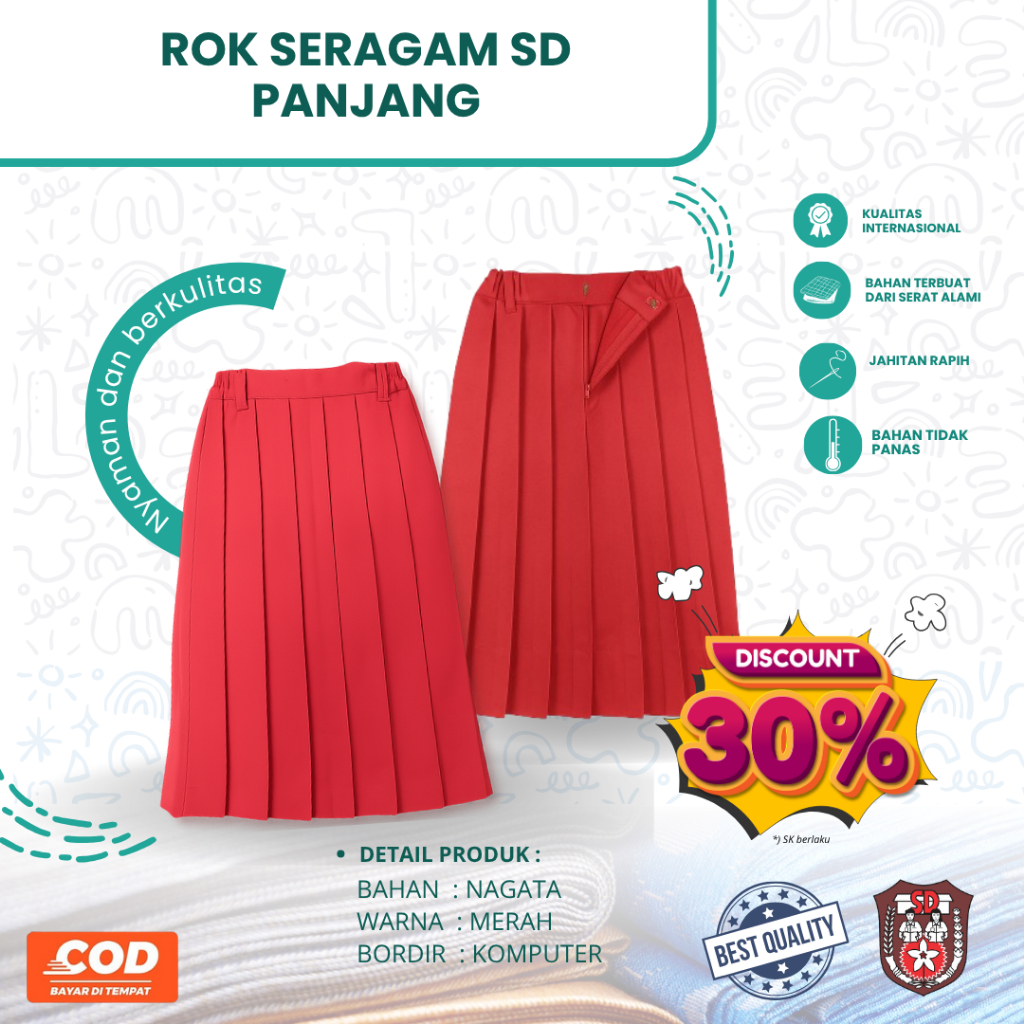 Rok SD Panjang Merah || Rok SD Merah Nagata || Seragam Sekolah || Seragam SD Bahan Nagata Drill