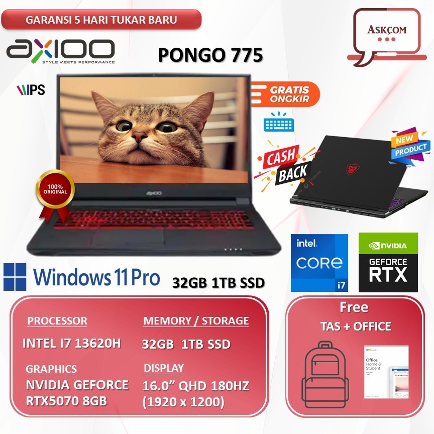 LAPTOP AXIOO PONGO 775 Intel Core i7 13620H RTX5070 8GB 32GB RAM 1TB SSD 16.0QHD 180Hz Windows11 PRO