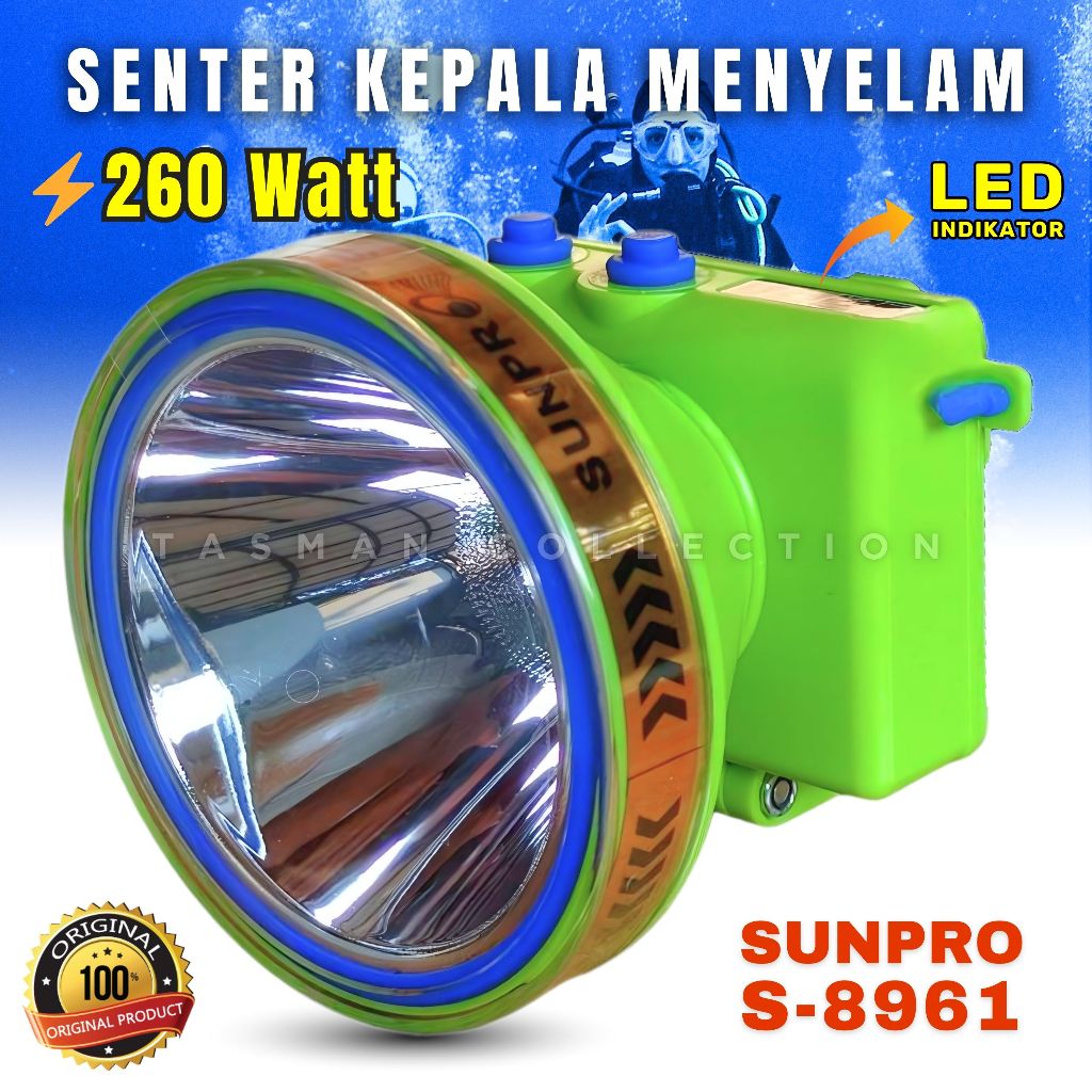 Senter Kepala Selam 260 Watt SUNPRO S-8961 Super Terang Tahan 16 Jam Double Buttom/senter selam