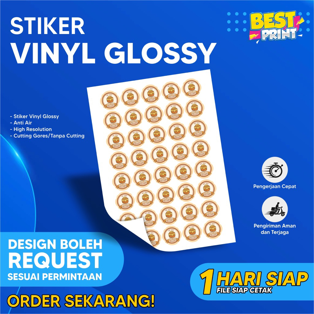 

(MINIMAL 5)CETAK STIKER LABEL MAKANAN VINYL GLOSSY A3+ FREE CUTTING /CETAK LABEL KEMASAN MAKANAN
