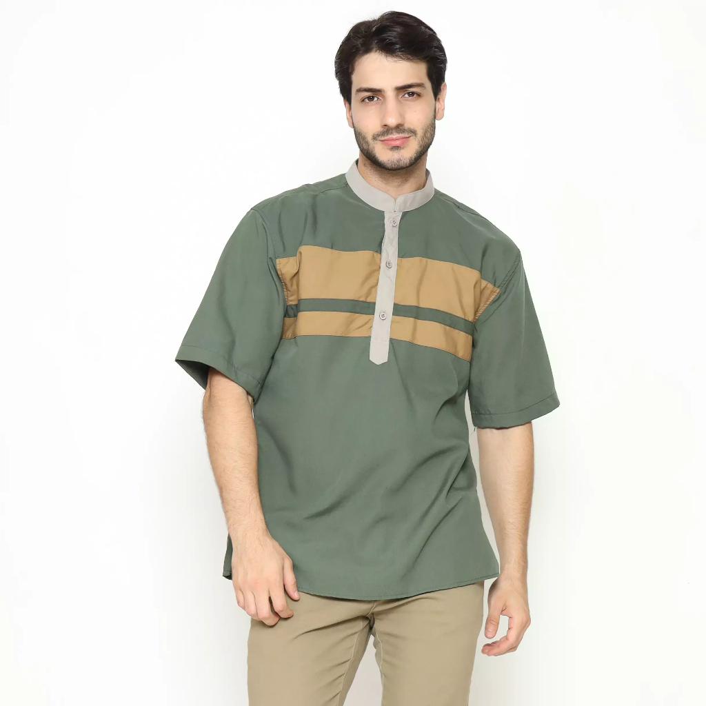 Gleizthinc Kemeja Koko Pria Mandarin Hijau Motif Garis