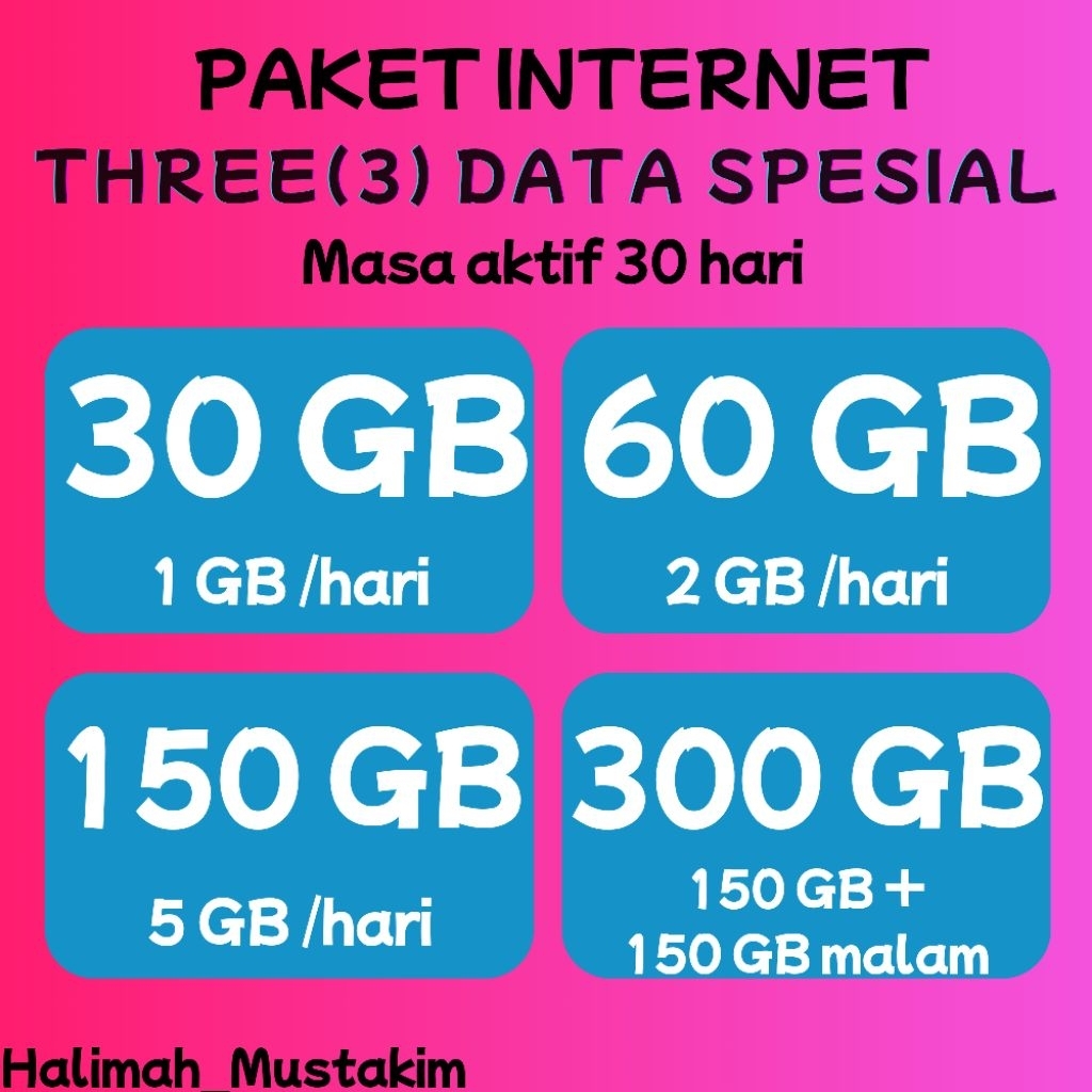 Paket Kuota Internet Tri ( 3 )Three Data Happy Spesial (30 GB, 60 GB, 150 GB, 300 GB) | 1 GB / Hari 