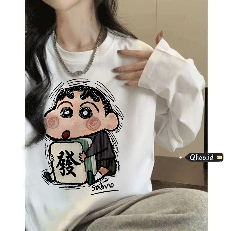 Qlioo Baju Kaos Oversize Lengan Panjang Korean Style Crayon Shin-chan T-shirt Lengan Panjang Atasan 