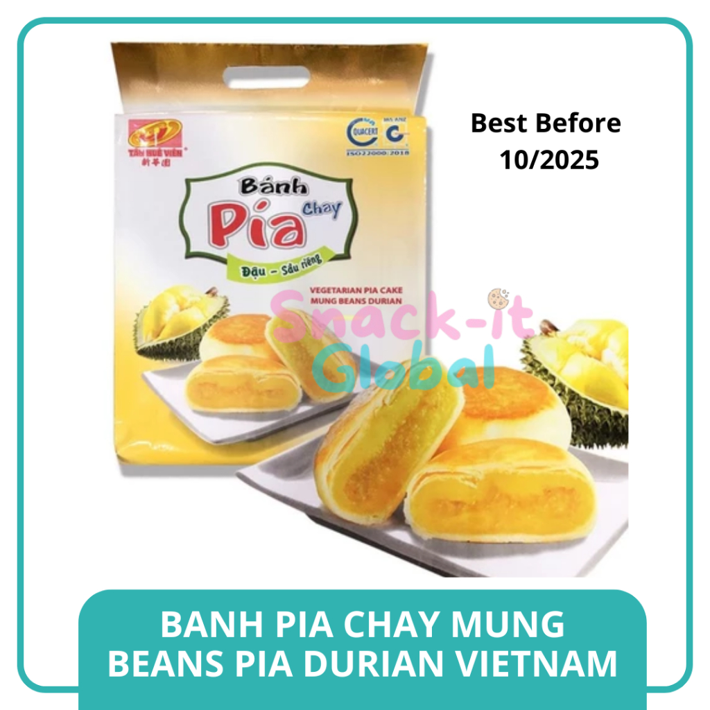 

Banh Pia Chay Pia Cake Durian Vietnam 480g Bakpia Durian Tan Hue vien [BEST BEFORE 10.2025]