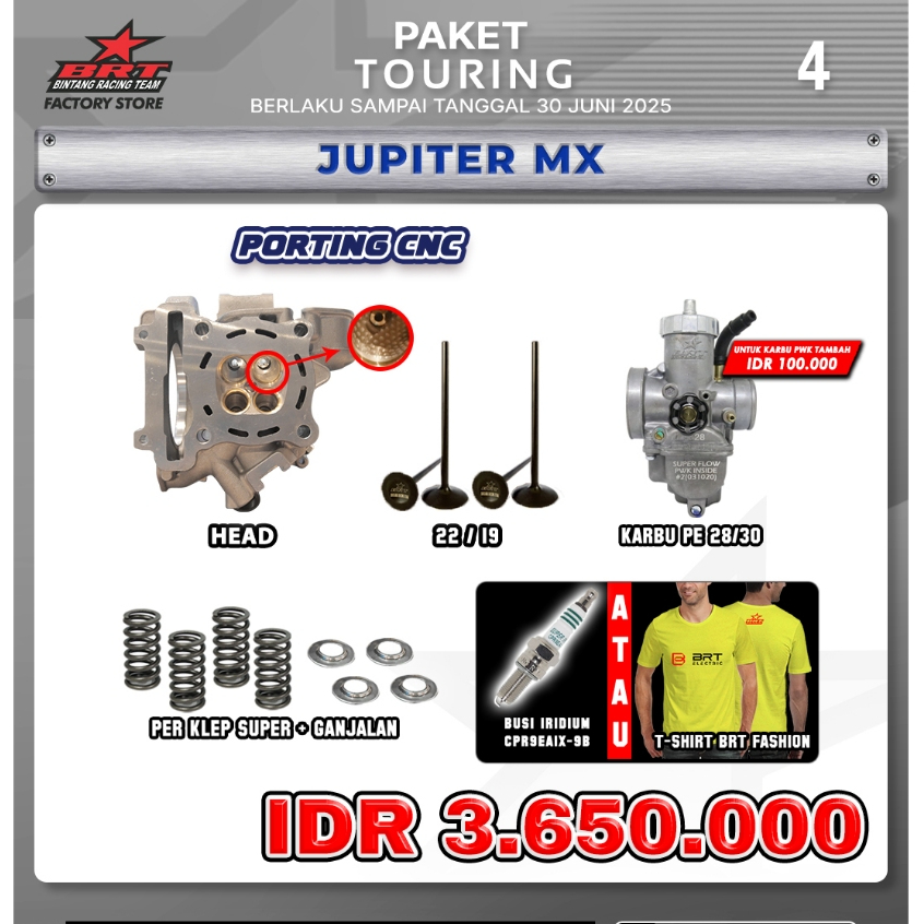 PROMO PAKET TOURING BRT / JUPITER MX / HEAD/ KLEP / KARBU / PER KLEP + GANJALAN BRT / BUSI IRIDUM BR
