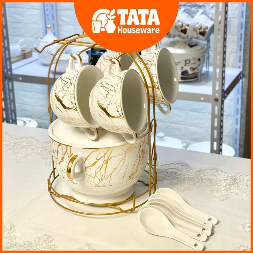 [TATA] Set Cangkir Teko Marble Putih Set 9 Pcs Pot / Set cangkir Teko Unik / Tea Set Teko Putih Send