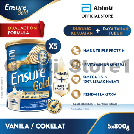 

[5 KALENG] ENSURE GOLD HMB Vanila / Cokelat 5 X 800GR - Nutrisi Dewasa Rendah Laktosa