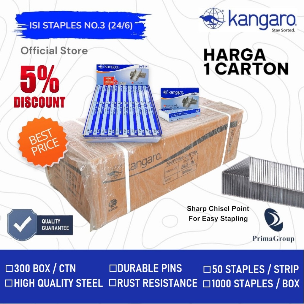 

1 CARTON Isi Staples No.3 (24/6) KANGARO / Necis No 3 (24/6) / Isi Stapler Kecil / Isi Hekter No.3 (24/6) Isi 300 BOX