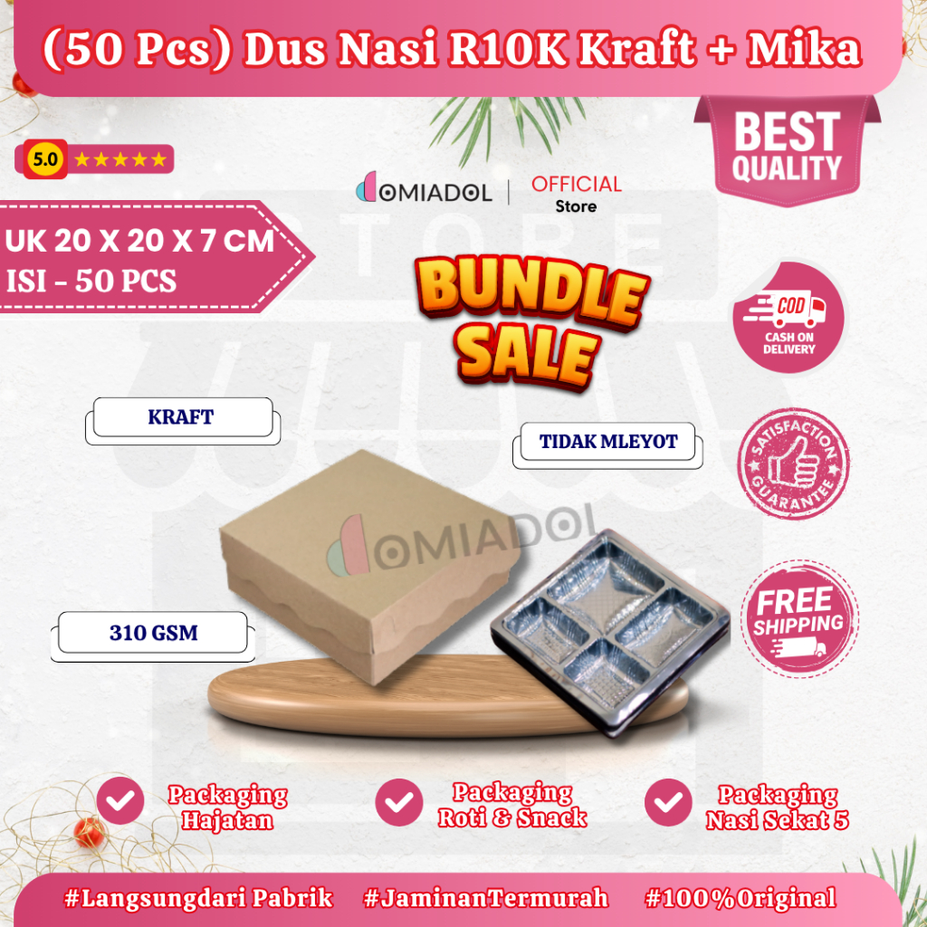 

(BUNDLE SALE 50 PCS) Box Dus Nasi Kotak R10K Kraft Premium 350 Gsm - Ukuran 20x20x7 + Mika 50 Pcs