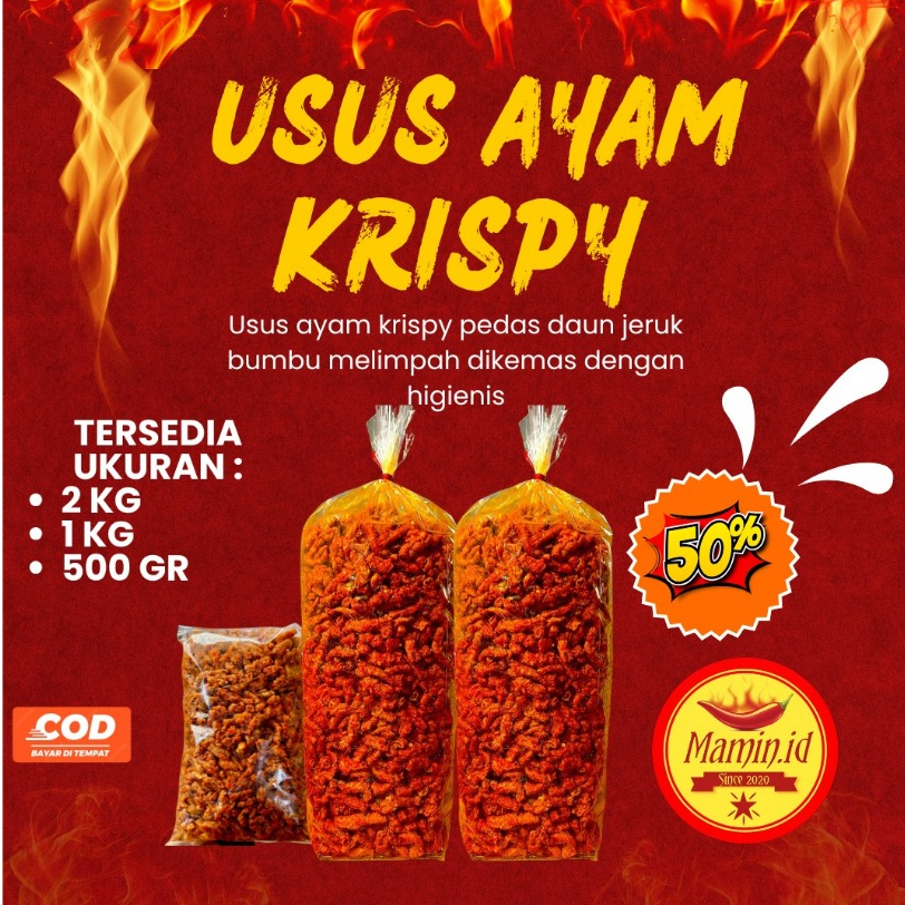 

USUS AYAM KRISPY PREMIUM SUPER PEDAS DAUN JERUK KEMASAN 2KG, 1KG, 500GR MAMIN.ID