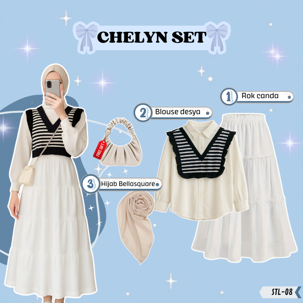 Set Rok  Chelyn  | Setelan Outfit Pantai [Rok Canda Susun + Blouse Desya + Hijab Bella square ] OOTD