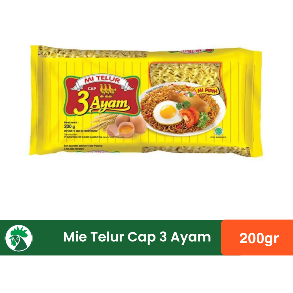 

Mie Telur Cap 3 Ayam 200gr | Mi Telur | Mie Instan Cap 3 Ayam | Mie Pipih