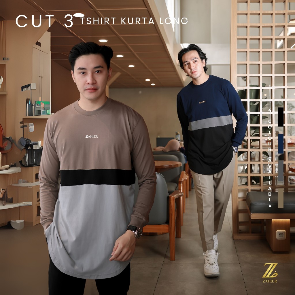 ZAHIER Kaos Kurta Pria Cut 3 Lengan Panjang Cotton Combed 24s Premium Original | Tshirt | Kaos Koko