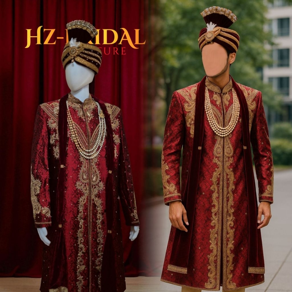 Set Baju Pengantin Pria India – Sherwani Maroon Emas Mewah