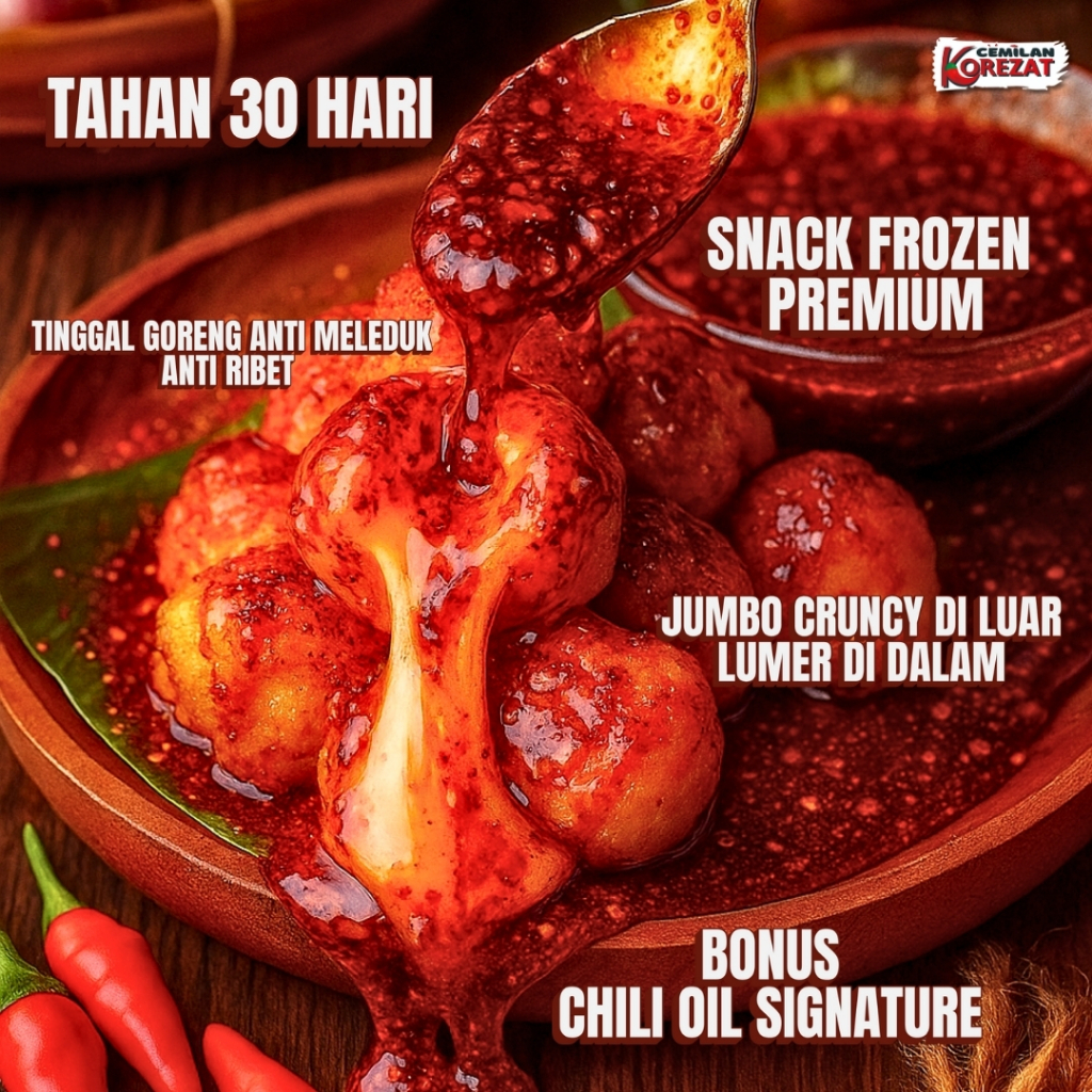 

Cimol Mozzarella Crispy Jumbo | Frozen Snack Siap Goreng – Lumer & Pedas Kalem + Bonus Chili Oil